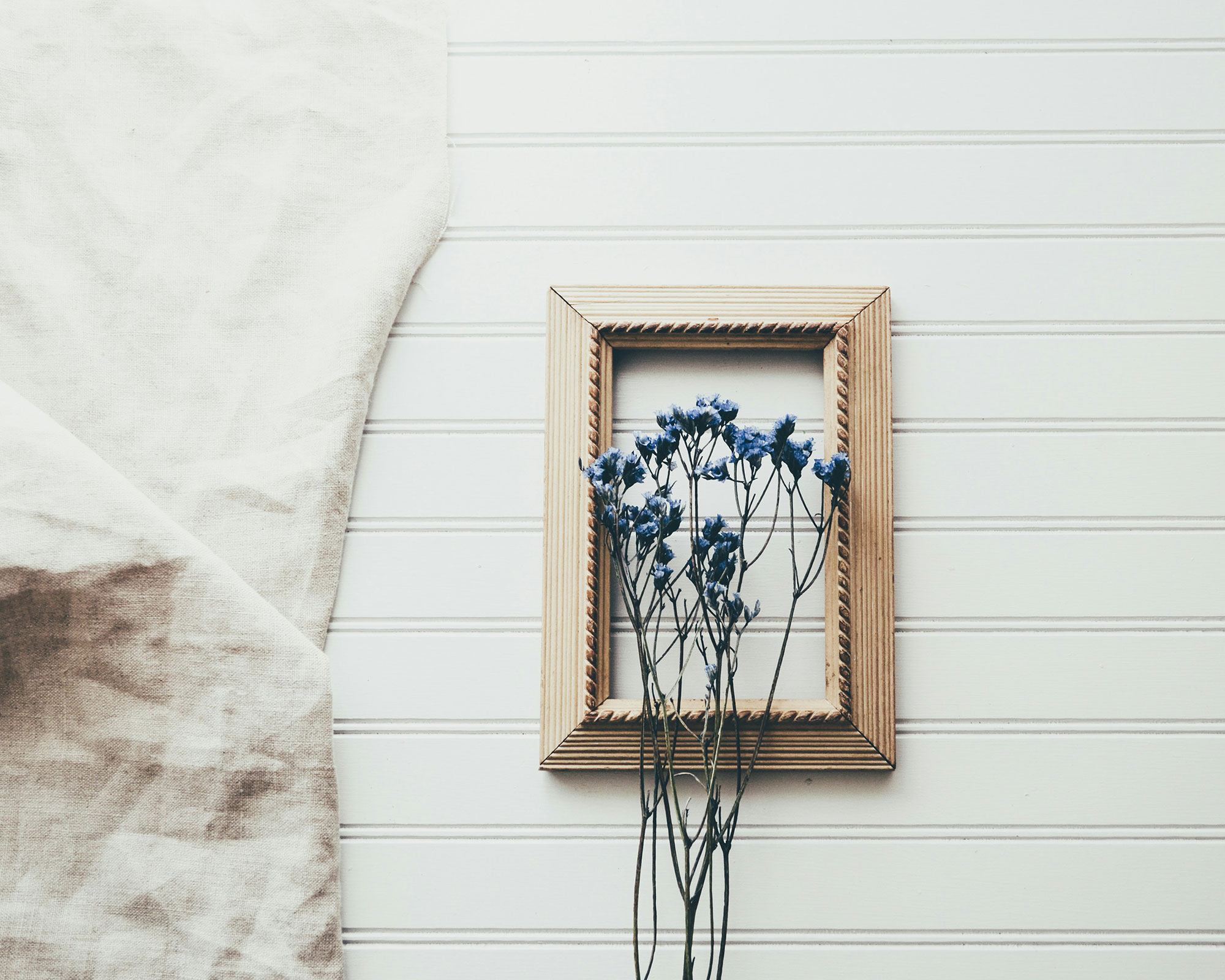 Holzrahmen mit blauen getrockneten Blumen auf weißer Wand