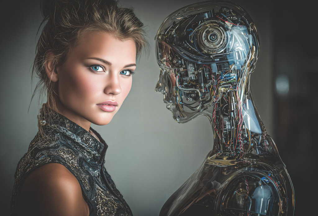 Ein Roboterkopf und das Gesicht eines Models nebeneinander
