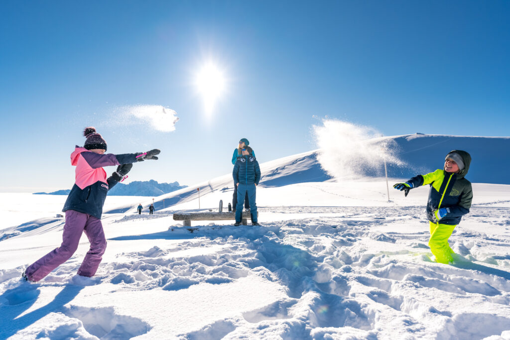 Familie bei Schneeballschlacht