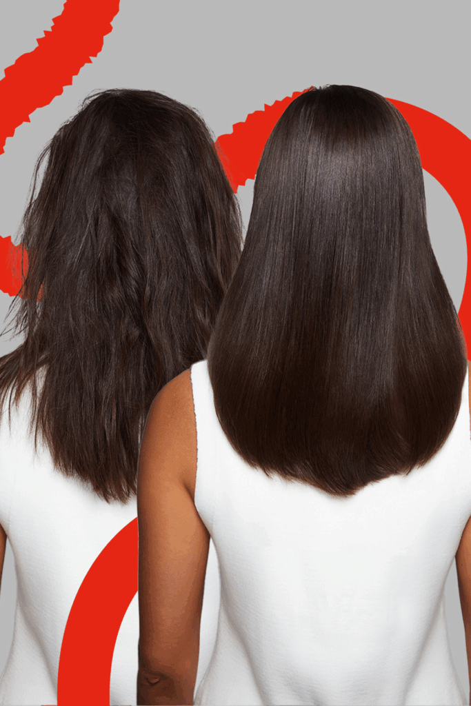 Vorher Nachher bei Der AIRvive 2-in-1 Airstyler in Violett und Gold von Remington: Einmal wellig einmal glatt