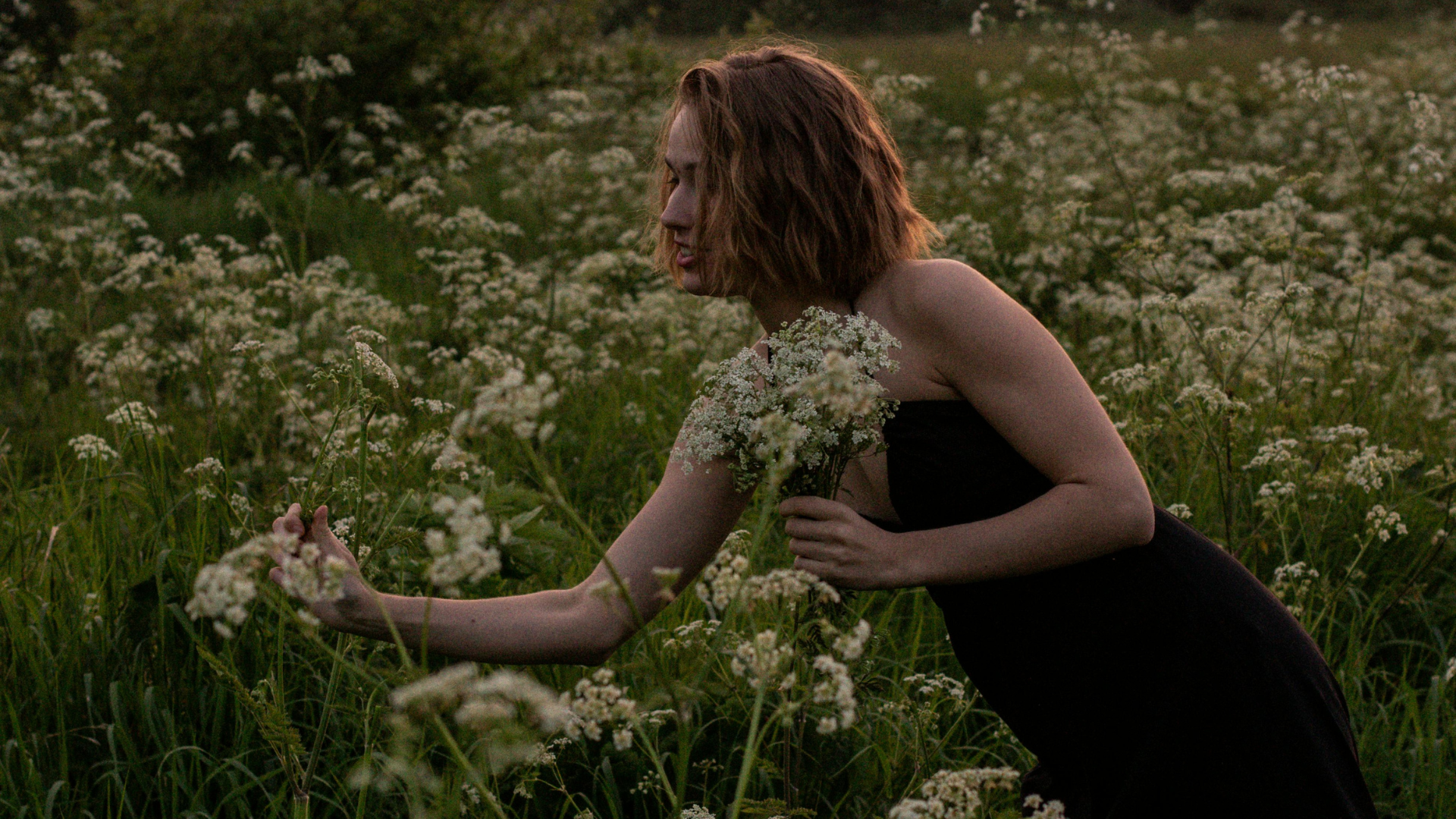 Eine Frau pflückt weiße Blumen